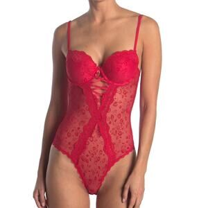 Rachel Roy Red Lace High Cut Teddy Lingerie Size M